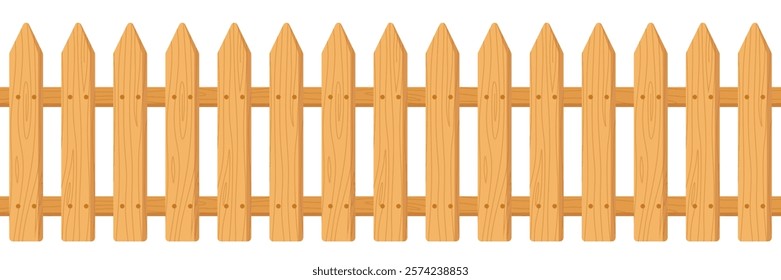 A wooden picket fence with pointed tops, arranged in a straight line. 