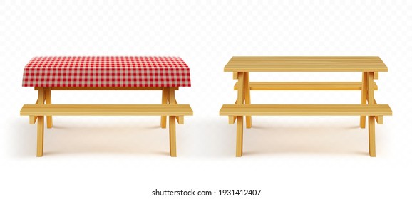 Wooden picnic table with benches and red plaid tablecloth isolated on transparent background. Vector realistic set of empty wood table with seats and cloth for garden, park or camping