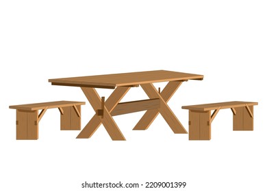 Wooden Picnic Table With Benches. Table With Seats For Garden, Park Or Camping. Terrace And Backyard Furniture For Recreation, Party. Equipment For Summer Patio, Restaurant Or Cafe.Vector Illustration