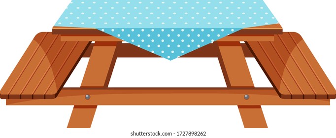 Wooden picnic table with blue tablecloth illustration