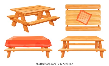 Wooden picnic table. Cartoon wood garden tables tablecloth and benches for camp grill outdoor park barbecue, isolated desk cloth top view beach bbq party, neat vector illustration of table wood