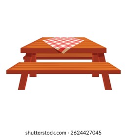 Wooden picnic table covered with red gingham tablecloth standing on a white background
