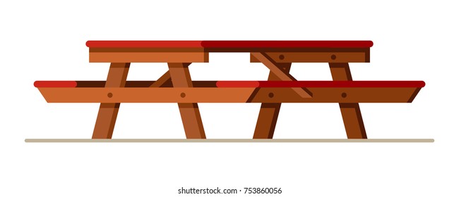 Wooden Picnic Table In Flat Style Vector Illustration