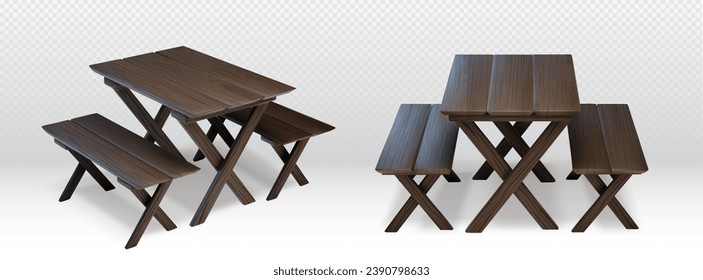 Mesa de picnic de madera aislada en un fondo transparente. Vector ilustración realista del mobiliario de jardín marrón, escritorio y banco para la cena en barbacoa al aire libre en el parque, equipo de café callejero, vista isométrica