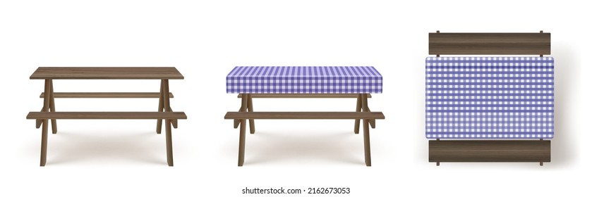 Wooden picnic table with long benches and purple white checkered tablecloth 3d realistic vector. Camping, garden or park wood furniture for barbecue with seat and textile cover, isolated on background