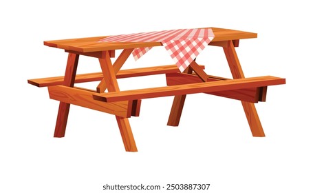 Wooden picnic table with red checkered cloth. Vector illustration isolated on white background