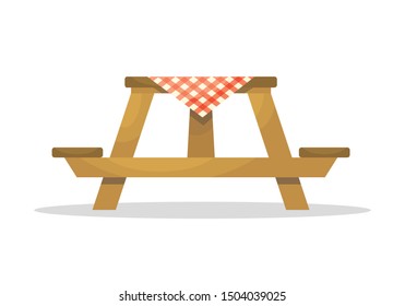 Wooden Picnic/Park Table with Red Checkered Tablecloth Illustration Vector in Flat Style.
