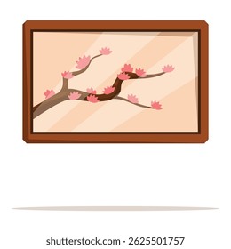 Wooden picture frame with glass protecting beautiful painting of blooming sakura branch on light background