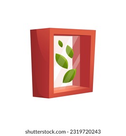 Wooden Picture Frame with Leaves Isolated on a White Background. Decor. Cute Vector Illustration in Cartoon Style. 