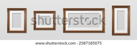 Wooden picture frames mockup set in different sizes with white matte border mounts on light wall. Realistic classic brown rectangular borders collection for photos, paintings or gallery decoration.