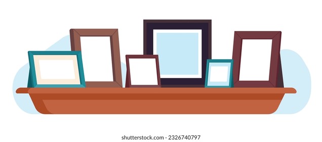 Wooden picture frames on bookshelf. Photographs and paintings. Shelf at wall. Family portraits. Empty frameworks group. Interior decorative elements. Photo exhibition