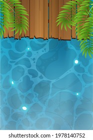 Wooden pier and blue water. View from above. Bank of a river or lake. Vector illustration.