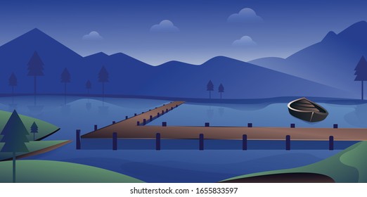 Wooden pier and boat on river natural landscape, background with mountains view with sky and cloud. vector illustration