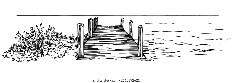 wooden pier with coastal vegetation and calm water illustration