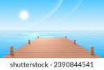 A wooden pier or deck extending into the sea or ocean to the sunlit skyline. Vector illustration.