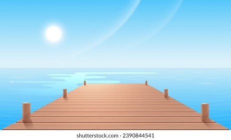 A wooden pier or deck extending into the sea or ocean to the sunlit skyline. Vector illustration.