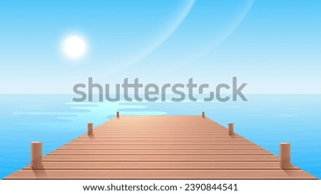 A wooden pier or deck extending into the sea or ocean to the sunlit skyline. Vector illustration.