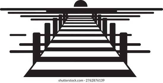 Wooden Pier Dock Silhouette Vector Illustration, Sunset over Water Horizon, Minimalist Lake or Ocean Bridge Perspective View Isolated on White Background