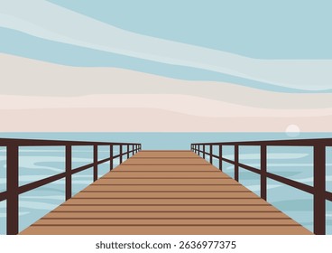 Wooden pier extending over calm sea water with a distant sun setting. Flat vector illustration for travel and relaxation.