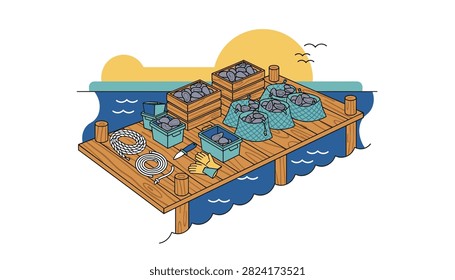 Wooden pier featuring multiple crates filled with seafood harvest alongside nets, ropes, and protective gear under a bright yellow evening sun.