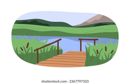 Holzsteg, Fischerhasen, Brücke am Flusswasser. Naturlandschaft, Landschaft mit Holzfischerei Dock, Fischer-Liegeplatz, Steg am Süßwasser. Flache Vektorgrafik einzeln auf weißem Hintergrund