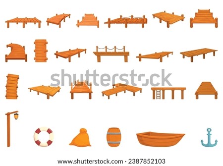 Wooden pier icons set cartoon vector. Sea water boat. Pole barrel bag Foto d'archivio © 