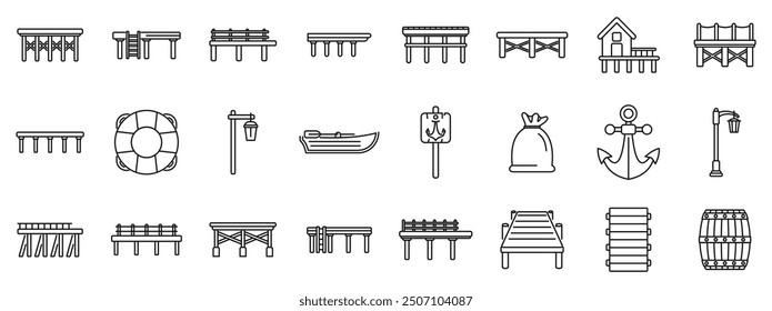 Wooden pier icons set. Set of different piers for fishing and recreation with anchor streetlight boat and lifebuoy icons in thin line style