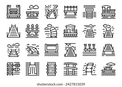 Wooden pier icons set outline vector. River water barrel. Dock canoe pond