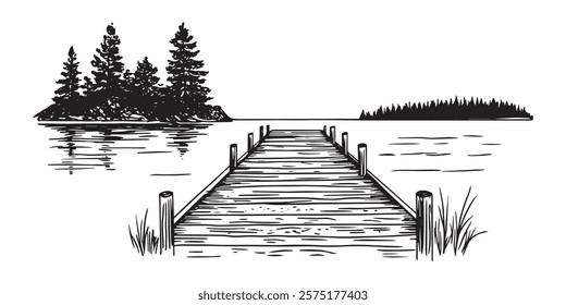 wooden pier with island and trees on a calm lake in black and white