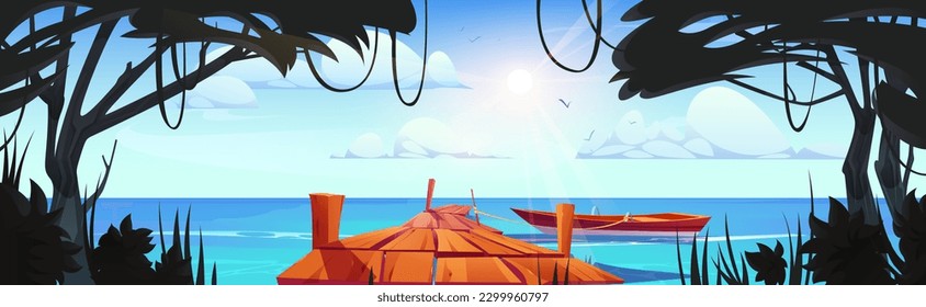 Wooden pier in jungle forest with boat vector landscape. Sea dock bridge with liana on tree near river. Wood wharf above ocean water with beautiful sun beam. Ship on rope near pontoon illustration