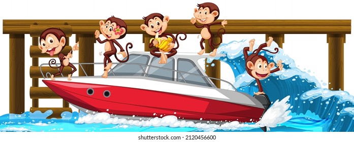 Wooden pier with many monkeys on speedboats illustration