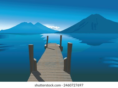 Wooden pier natural landscape, wharf with ropes and reed growing in water on picturesque lake background with mountains view. Cartoon vector illustration