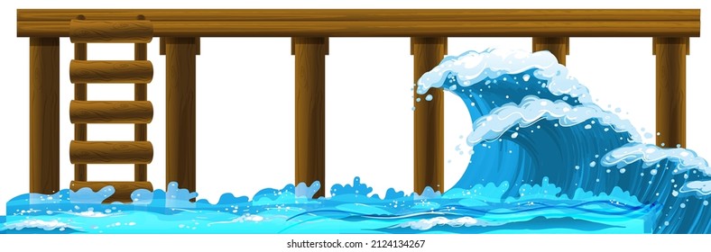 Wooden pier with ocean waves illustration