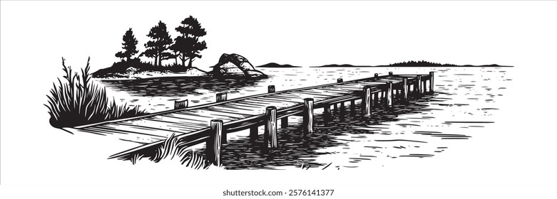 wooden pier on lake with island in black and white hand-drawn style