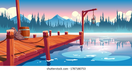 Wooden pier on lake, pond or river landscape, wharf with ropes, lantern, barrel and sacks on picturesque background with clouds, spruces and mountains reflection in water. Cartoon vector illustration