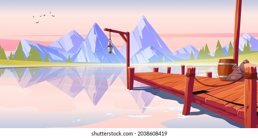 Wooden pier on lake, pond or river morning landscape, wharf with ropes, lantern, barrel and sacks on mountains background with birds flying in pink sky above water surface. Cartoon vector illustration