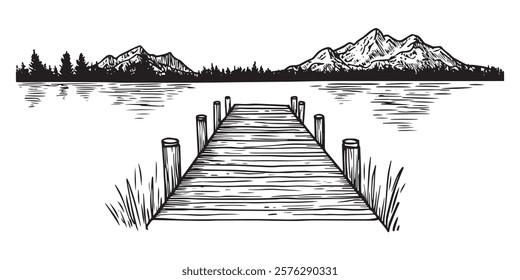 wooden pier on mountain lake with scenic view hand-drawn black and white illustration