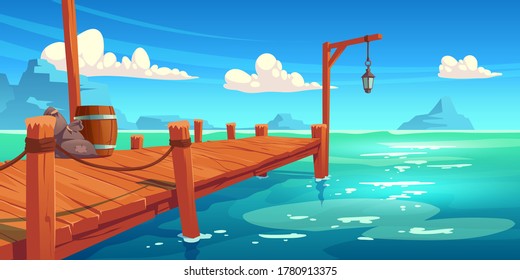 Wooden pier on river, lake or sea landscape, wharf with ropes, lantern, wood barrel and sacks on picturesque background with blue water, clouds in sky and mountains view. Cartoon vector illustration