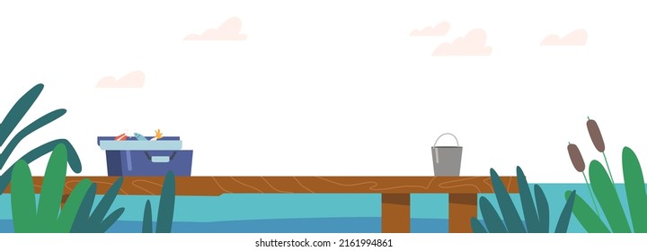 Wooden Pier on River, Lake or Pond Landscape, Wood Wharf With Bucket and Box with Tackles on Picturesque Background With Reeds in Blue Water and Pink Clouds in Sky. Cartoon Vector Illustration