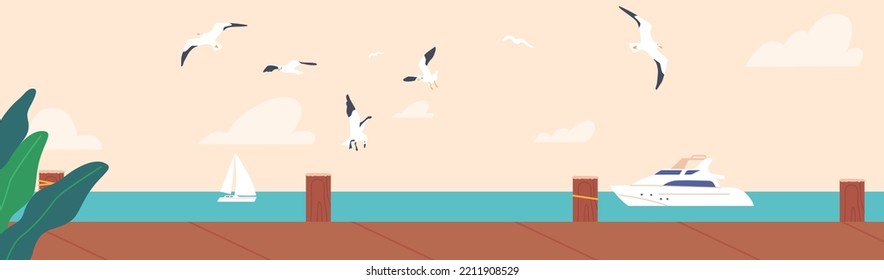 Wooden Pier On Sea, Ocean or River Summer Landscape, Wood Wharf With Ropes On Picturesque Background With Yacht on Blue Water, Clouds and Gulls Flying In Sky. Cartoon Vector Illustration