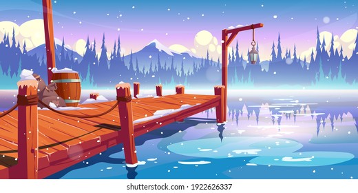 Wooden pier on winter lake, pond or river landscape, wharf with ropes, lantern, barrel and sacks on mountains background with clouds, spruces and snowflakes fall on water. Cartoon vector illustration