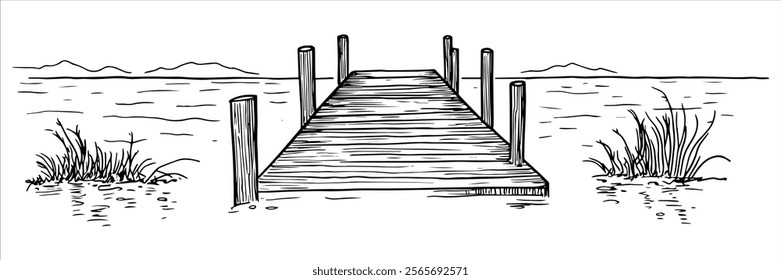 wooden pier with reeds and distant mountains illustration