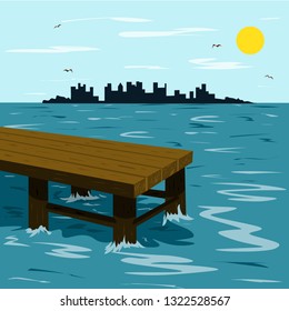Wooden pier in the sea and the city on the horizon on a warm summer day. Illustration in flat style