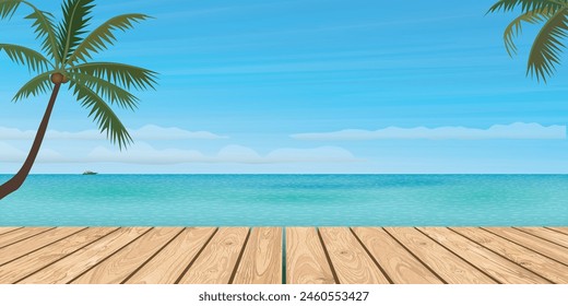 Wooden pier with tropical blue sea background template vector illustration have blank space for advertisement or products presentation.