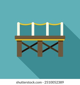 Wooden pier with yellow rope railing extending over blue water in a flat design style with long shadow