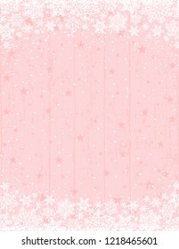 Wooden pink christmas background with frame of white snowflakes, vector illustration