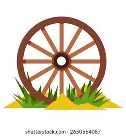 Wooden Pioneer wagon wheel with sand and grass
