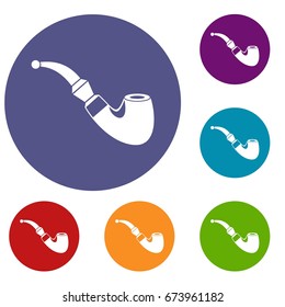 Wooden pipe icons set in flat circle reb, blue and green color for web