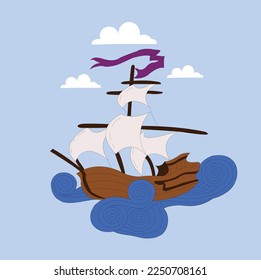 Wooden pirate buccaneer filibuster corsair sea dog ship icon game isolated flat design vector illustration