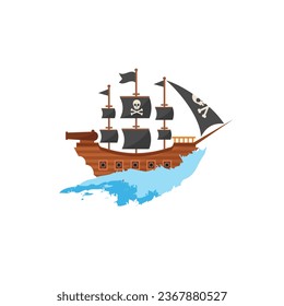 Wooden pirate buccaneer filibuster corsair sea dog ship icon game isolated flat design illustration